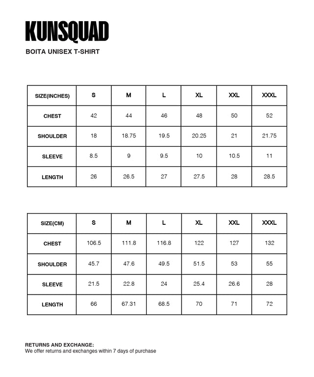 Sizing Guide : BOITA UNISEX T-SHIRT