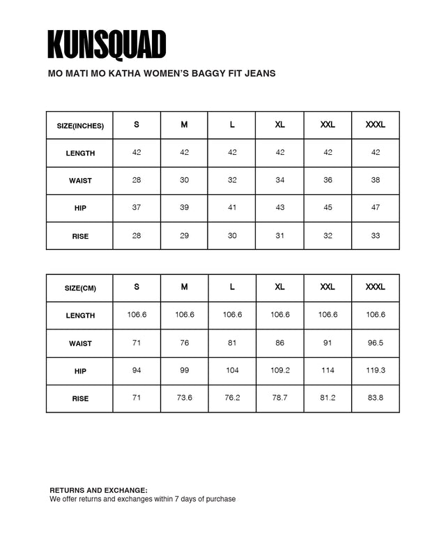 Sizing Guide : MO MATI MO KATHA BAGGY FIT DENIM