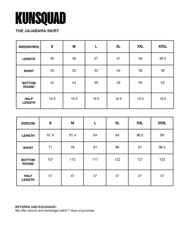 Sizing Guide : THE JAJABARA SKIRT