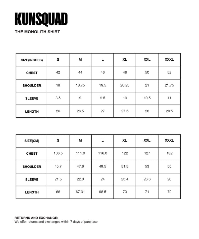Sizing Guide : THE MONOLITH SHIRT
