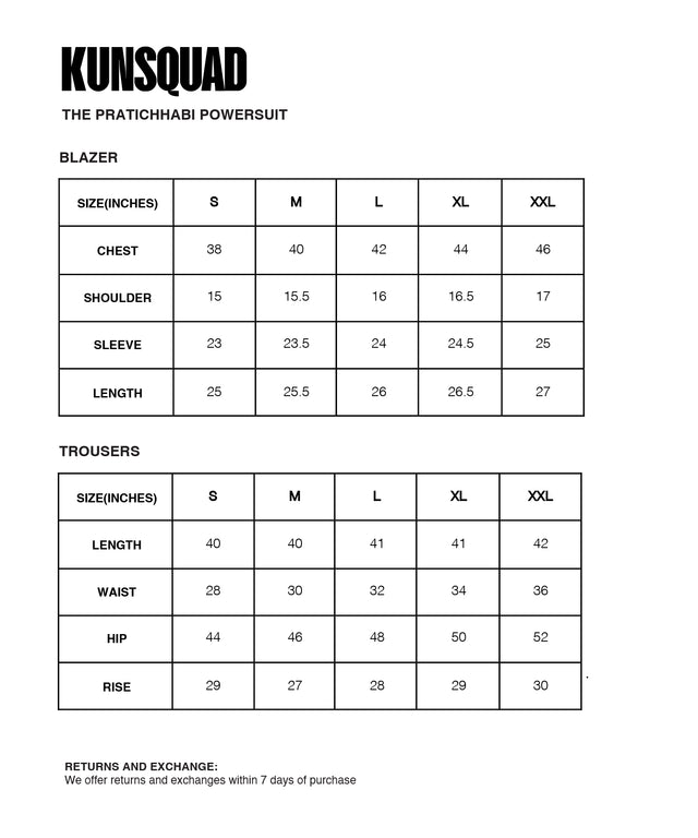 Sizing Guide : THE PRATICHHABI POWERSUIT