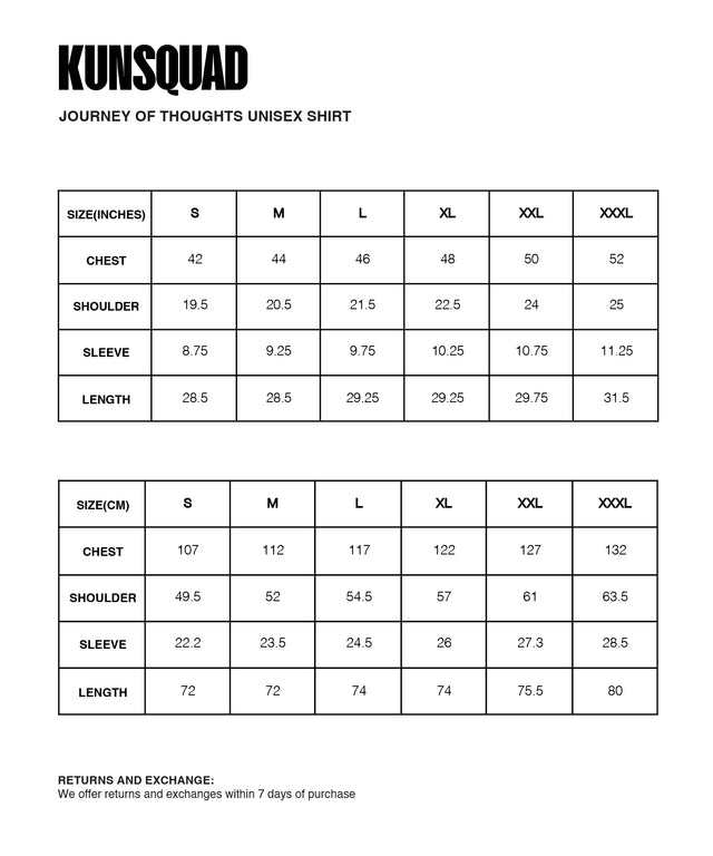 Sizing Guide : JOURNEY OF THOUGHTS UNISEX SHIRT