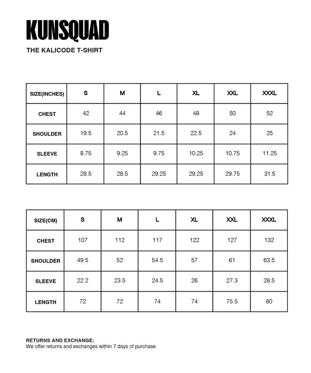 Sizing Guide : THE KALICODE T-SHIRT