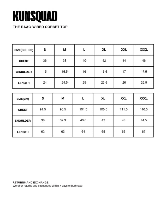 Sizing Guide : THE RAAG-WIRED CORSET TOP