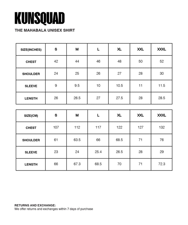 Sizing Guide : THE MAHABALA UNISEX SHIRT