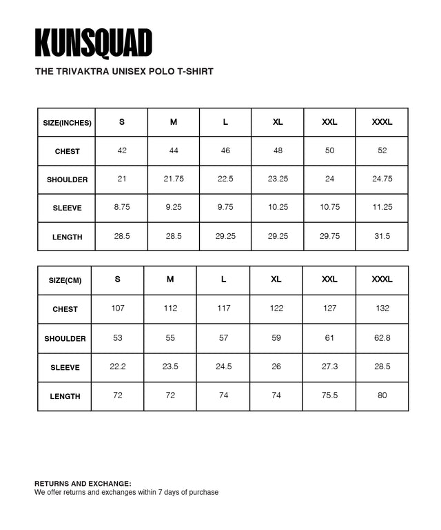 Sizing Guide : THE TRIVAKTRA POLO TSHIRT