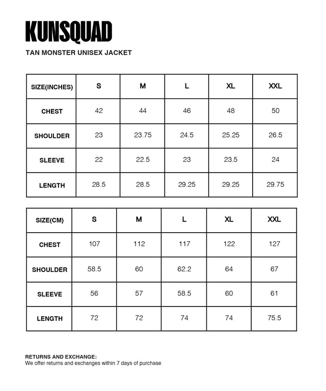 Sizing Guide : TAN MONSTER UNISEX JACKET