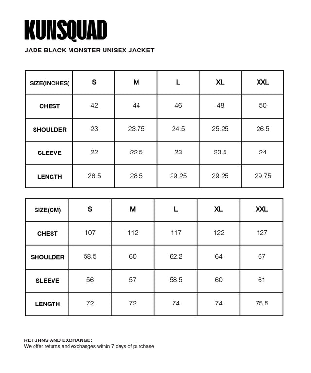Sizing Guide : JADE BLACK MONSTER UNISEX JACKET