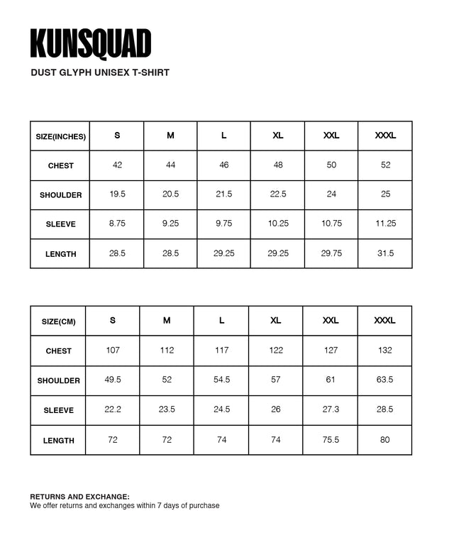 Sizing Guide : DUST GLYPH UNISEX T-SHIRT