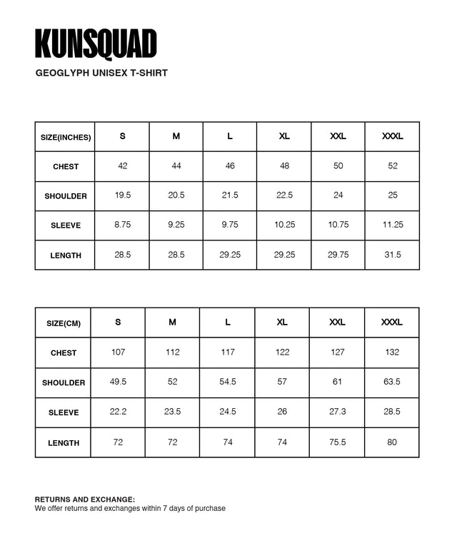 Sizing Guide : GEOGLYPH UNISEX T-SHIRT