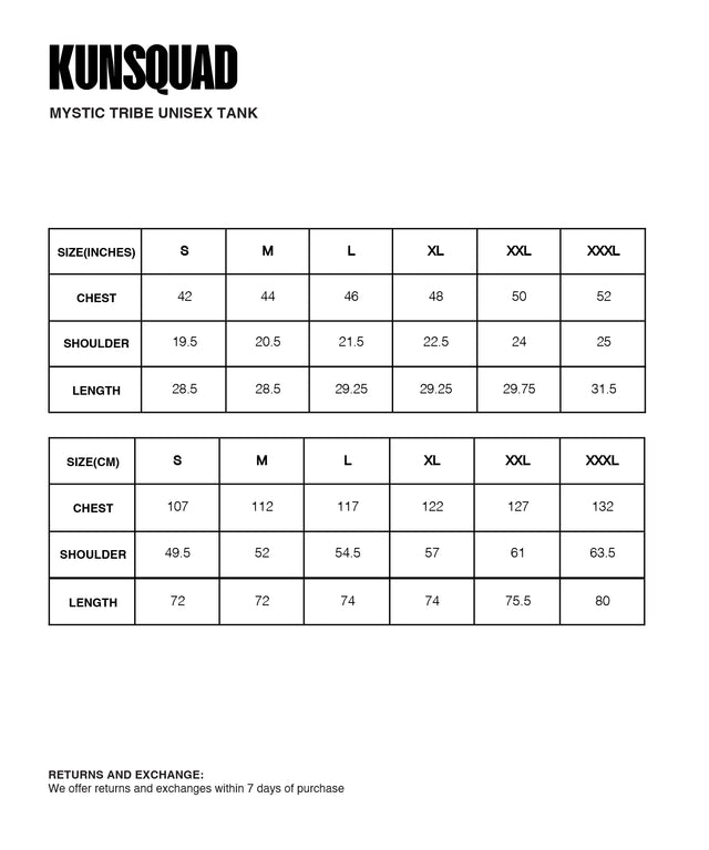 Sizing Guide : MYSTIC TRIBE UNISEX TANK