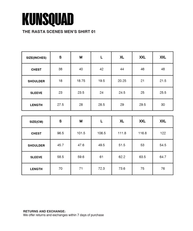 Sizing Guide : THE RASTA SCENES MEN'S SHIRT01